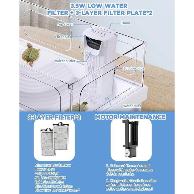 Small Turtle Tank Kit(Tank+Light+Filter), Turtle Tank Starter Kit with Bask Platform, Bottom Drain, Multi-Function Area for Small Reptiles.(White)