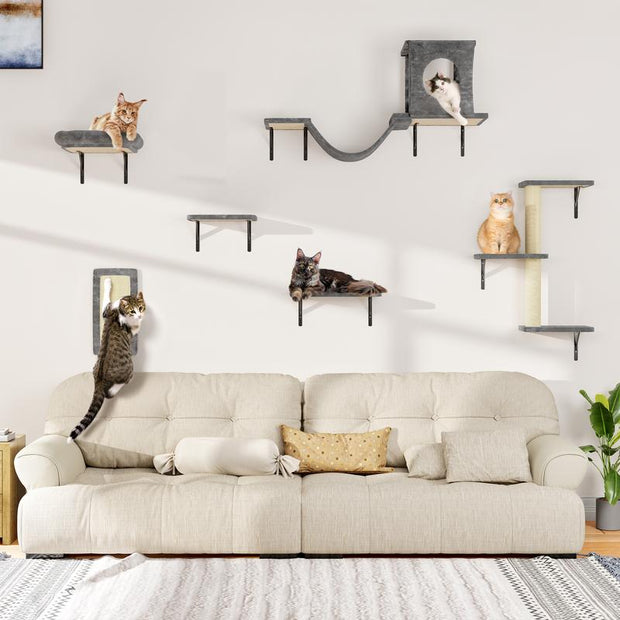 5-Piece Wall Mounted Cat Climbing Set - Ultimate Cat Playground with Soft House, Scratching Board, Tree, Hammock & Jumping Platform - Perfect Father's Day Gift!