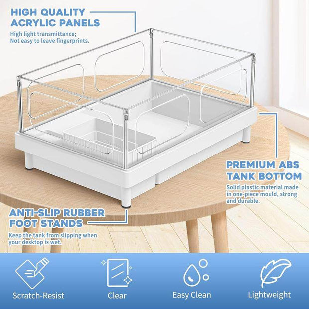 Small Turtle Tank Kit(Tank+Light+Filter), Turtle Tank Starter Kit with Bask Platform, Bottom Drain, Multi-Function Area for Small Reptiles.(White)
