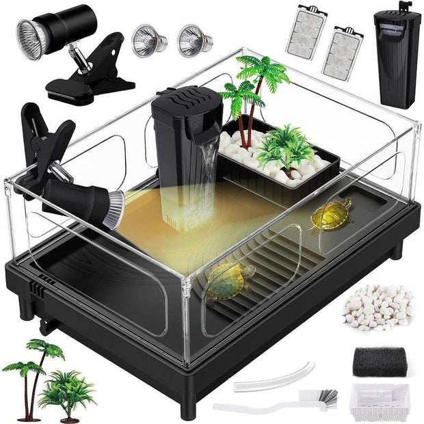 Small Turtle Tank Kit(Tank+Light+Filter), Turtle Tank Starter Kit with Bask Platform, Bottom Drain, Multi-Function Area for Small Reptiles.(White)