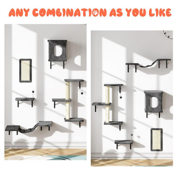 5-Piece Wall Mounted Cat Climbing Set - Ultimate Cat Playground with Soft House, Scratching Board, Tree, Hammock & Jumping Platform - Perfect Father's Day Gift!