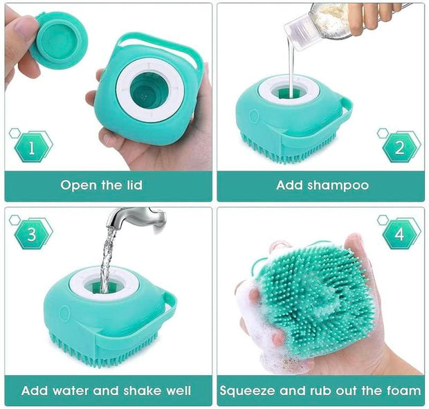 Ultimate Pet Bath Scrubber Brush - Grooming Massage Brush with Soap Dispenser for Dogs & Cats - Soft Silicone Bristles for All Coat Types