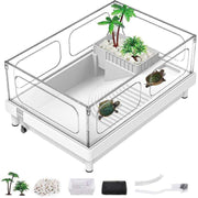 Small Turtle Tank Kit(Tank+Light+Filter), Turtle Tank Starter Kit with Bask Platform, Bottom Drain, Multi-Function Area for Small Reptiles.(White)