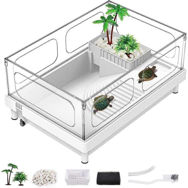 Small Turtle Tank Kit(Tank+Light+Filter), Turtle Tank Starter Kit with Bask Platform, Bottom Drain, Multi-Function Area for Small Reptiles.(White)
