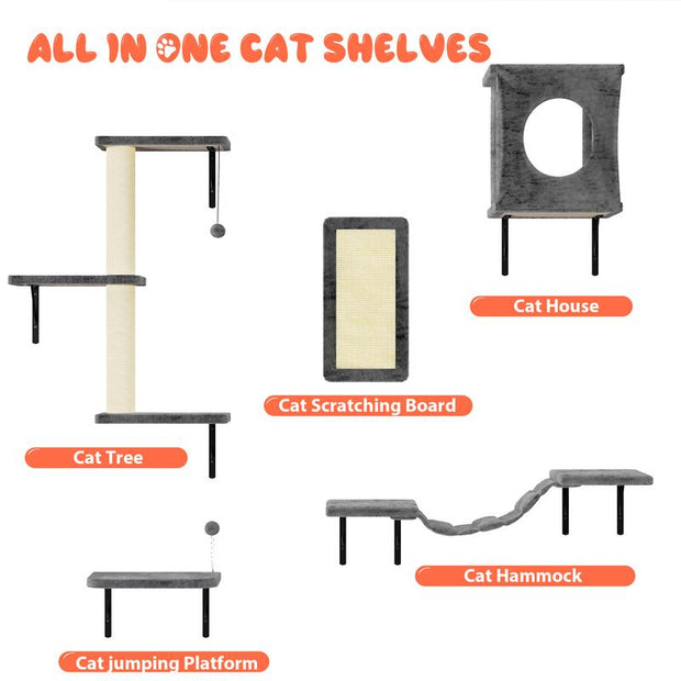 5-Piece Wall Mounted Cat Climbing Set - Ultimate Cat Playground with Soft House, Scratching Board, Tree, Hammock & Jumping Platform - Perfect Father's Day Gift!