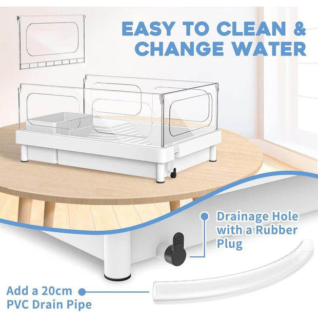 Small Turtle Tank Kit(Tank+Light+Filter), Turtle Tank Starter Kit with Bask Platform, Bottom Drain, Multi-Function Area for Small Reptiles.(White)