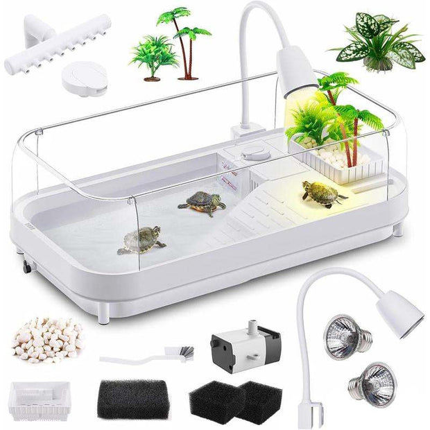 Small Turtle Tank Kit(Tank+Light+Filter), Turtle Tank Starter Kit with Bask Platform, Bottom Drain, Multi-Function Area for Small Reptiles.(White)