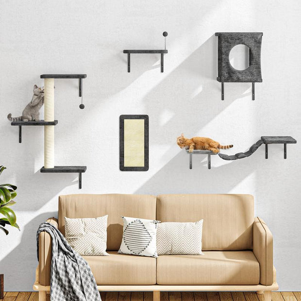 5-Piece Wall Mounted Cat Climbing Set - Ultimate Cat Playground with Soft House, Scratching Board, Tree, Hammock & Jumping Platform - Perfect Father's Day Gift!