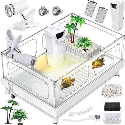 Small Turtle Tank Kit(Tank+Light+Filter), Turtle Tank Starter Kit with Bask Platform, Bottom Drain, Multi-Function Area for Small Reptiles.(White)