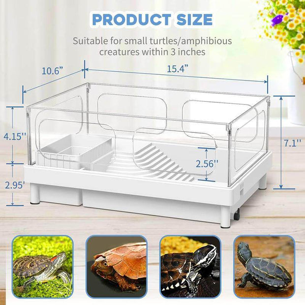 Small Turtle Tank Kit(Tank+Light+Filter), Turtle Tank Starter Kit with Bask Platform, Bottom Drain, Multi-Function Area for Small Reptiles.(White)