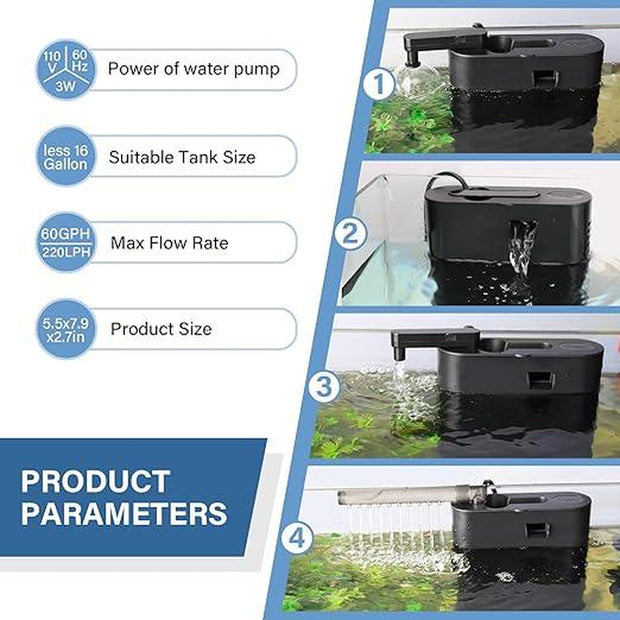 Hygger Multifunctional Aquarium Filter, 60GPH Fish Tank Power Filter for Water Change, Filtration and Landscaping with Water Hose, Rainforest Tube, Sponge Ceramic Balls Filter Media